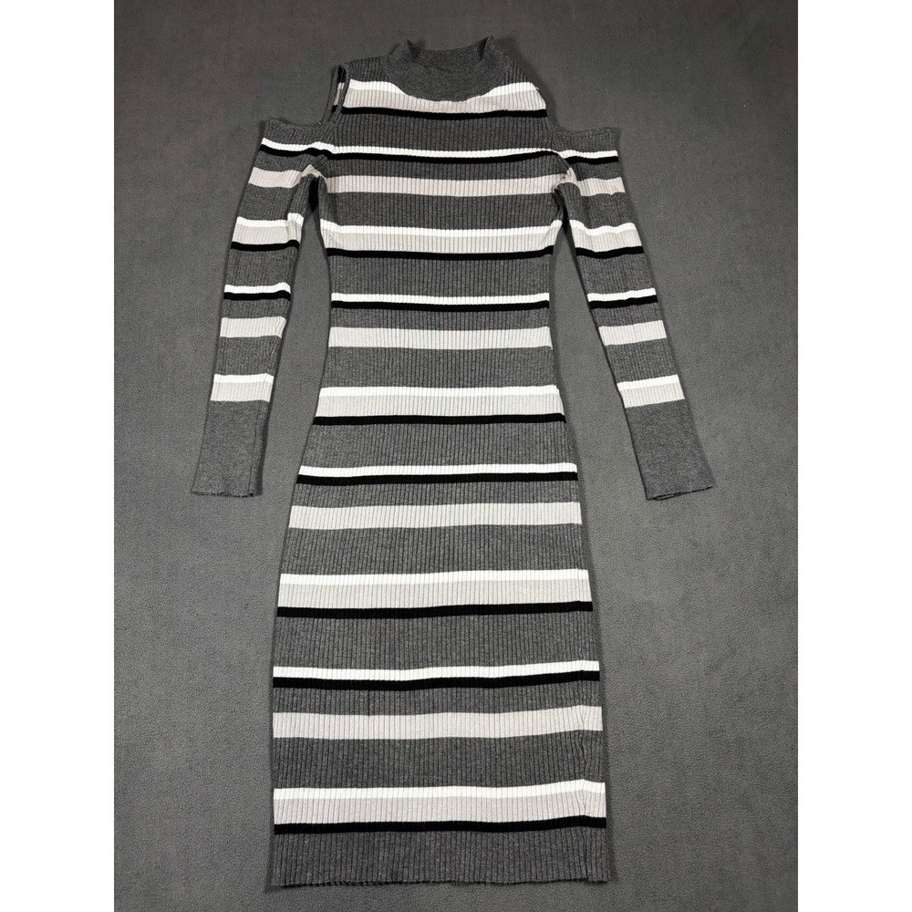 Say What? Cold Shoulder Sweater Dress Womens Large Gray Striped Ribbed Knit